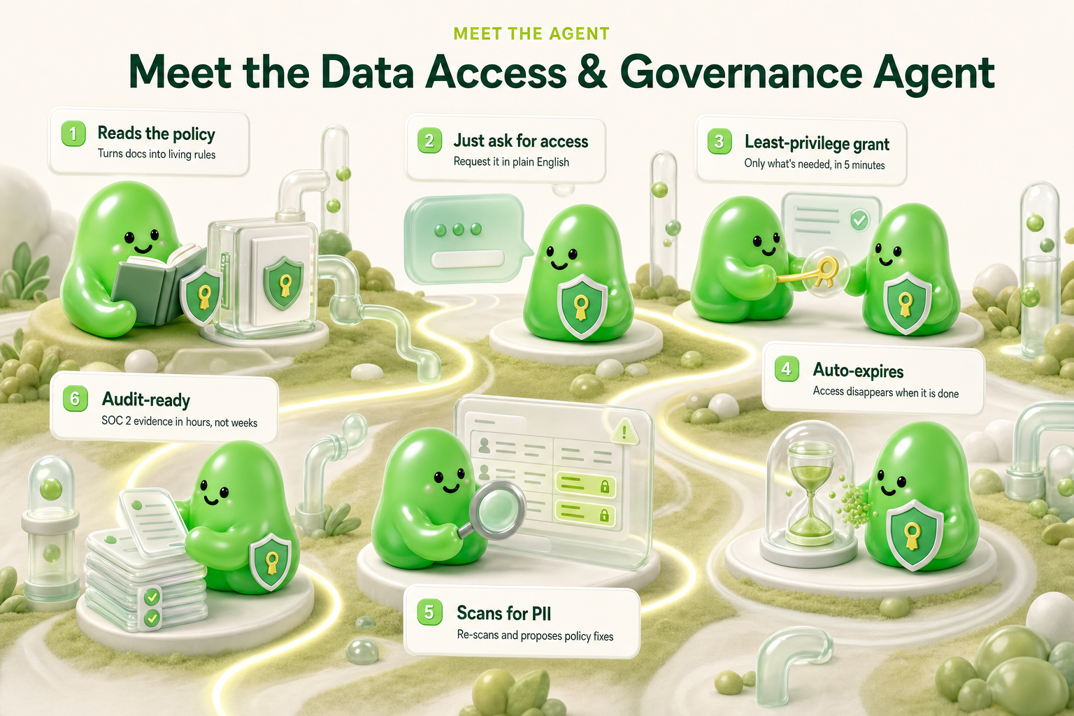 Meet our Data Access & Governance Agent - 6 stations along one path: reads the policy, just ask for access, least-privilege grant, auto-expires, scans for pii, audit-ready
