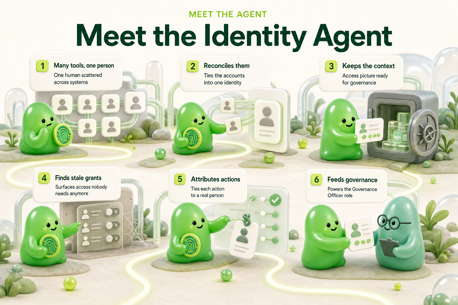 Meet our Identity Agent - 6 stations along one path: many tools, one person, reconciles them, keeps the context, finds stale grants, attributes actions, feeds governance
