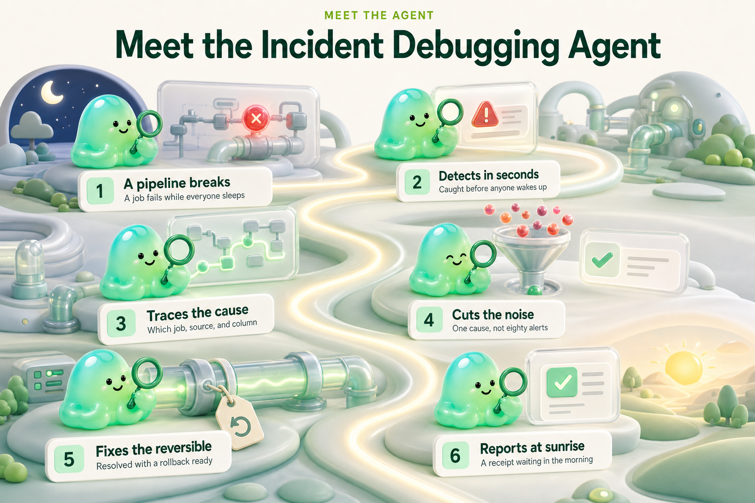 Meet our Incident Debugging Agent - 6 stations along one path: a pipeline breaks, detects in seconds, traces the cause, cuts the noise, fixes the reversible, reports at sunrise