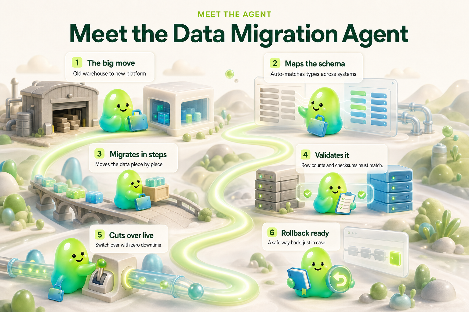Meet our Data Migration Agent - 6 stations along one path: the big move, maps the schema, migrates in steps, validates it, cuts over live, rollback ready