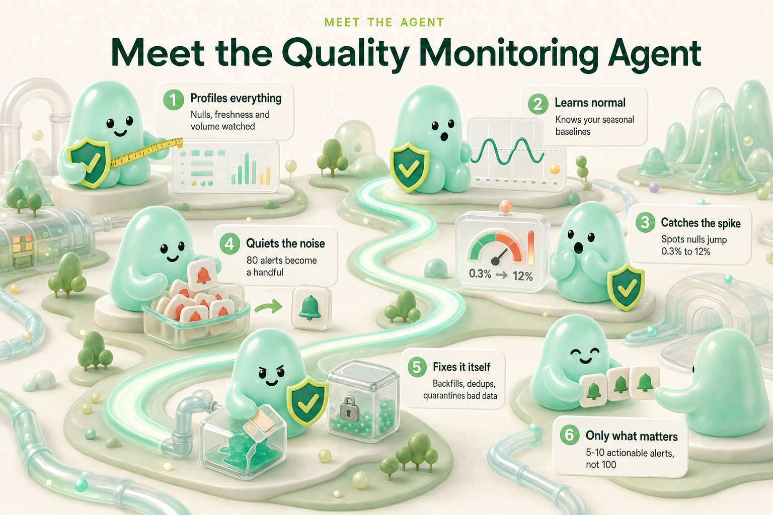 Meet our Quality Monitoring Agent - 6 stations along one path: profiles everything, learns normal, catches the spike, quiets the noise, fixes it itself, only what matters