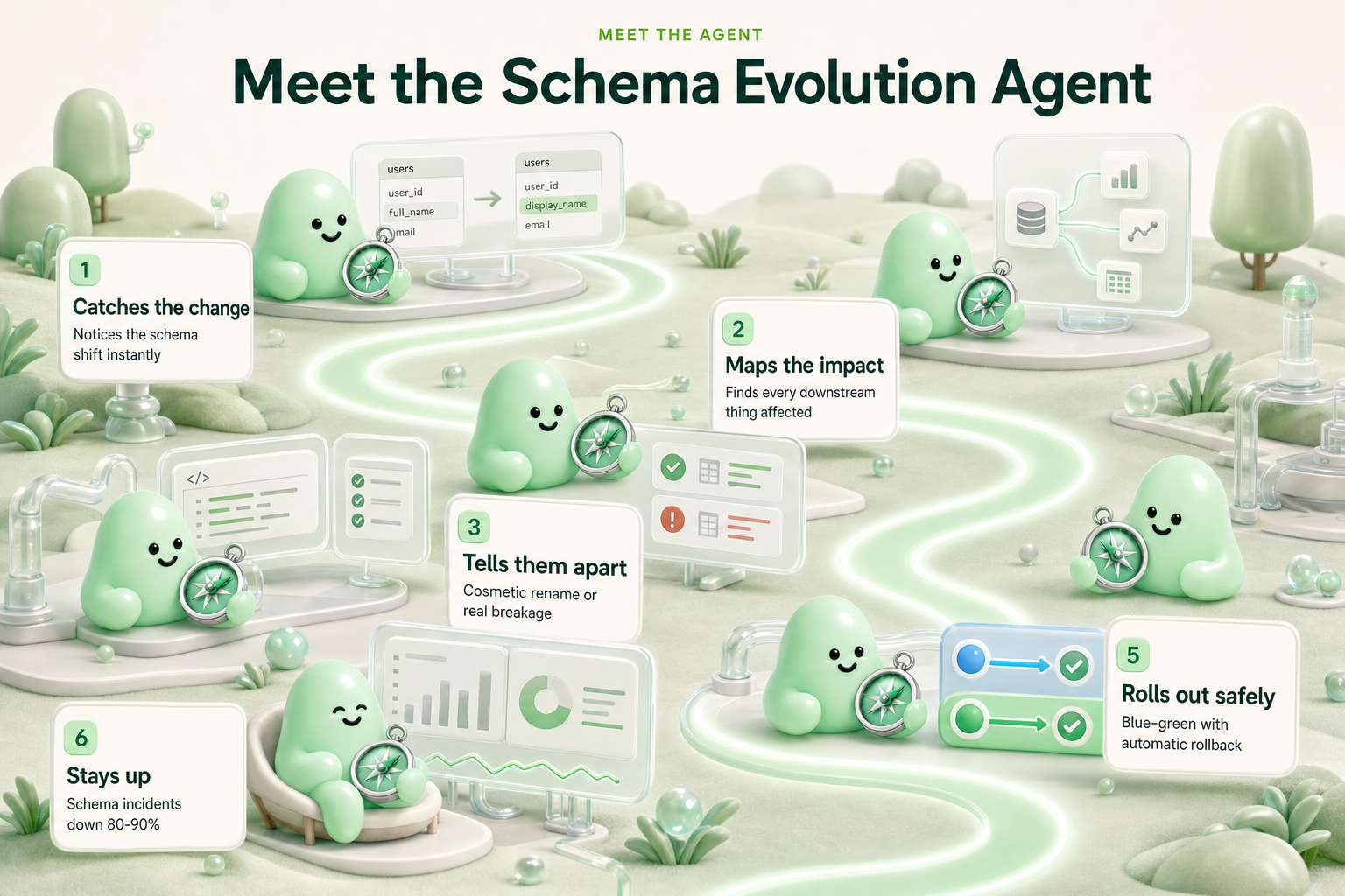 Meet our Schema Evolution Agent - 6 stations along one path: catches the change, maps the impact, tells them apart, tests the fix, rolls out safely, stays up