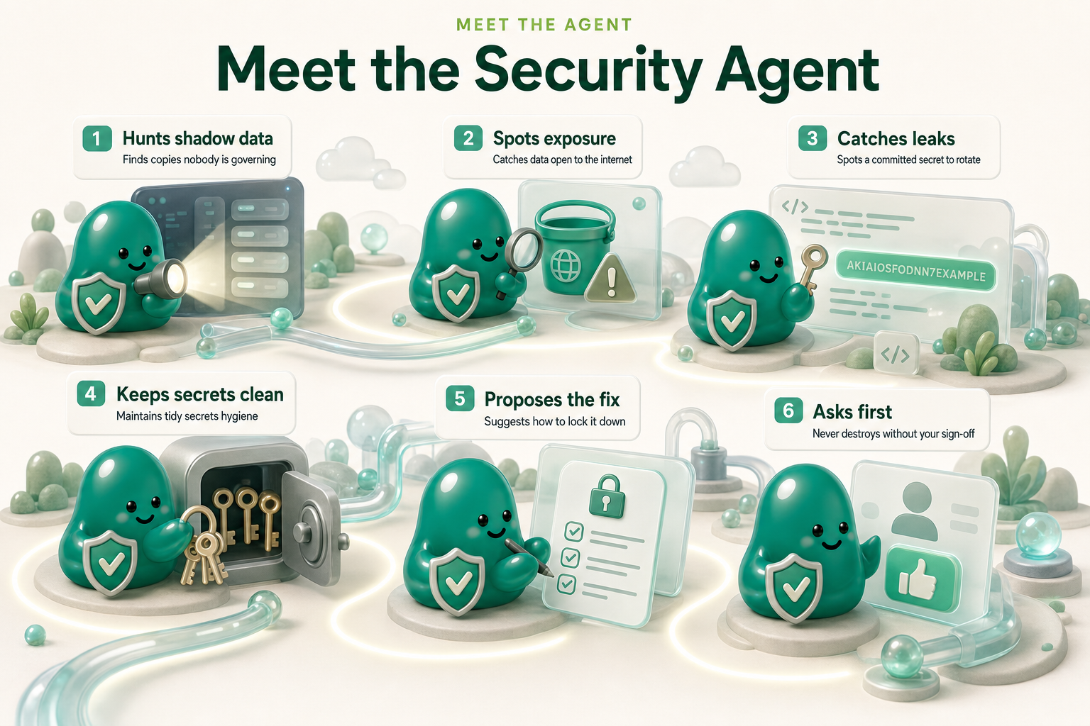 Meet our Data Security Agent - 6 stations along one path: hunts shadow data, spots exposure, catches leaks, keeps secrets clean, proposes the fix, asks first