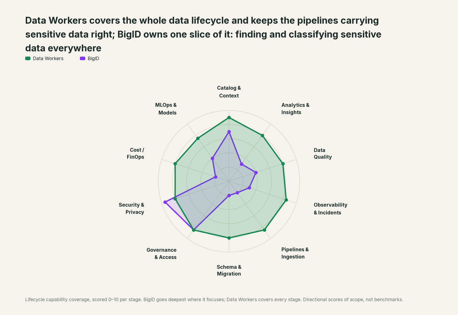 Spider chart of ten jobs a data team does: Data Workers covers the whole list, BigID goes deep on its own area