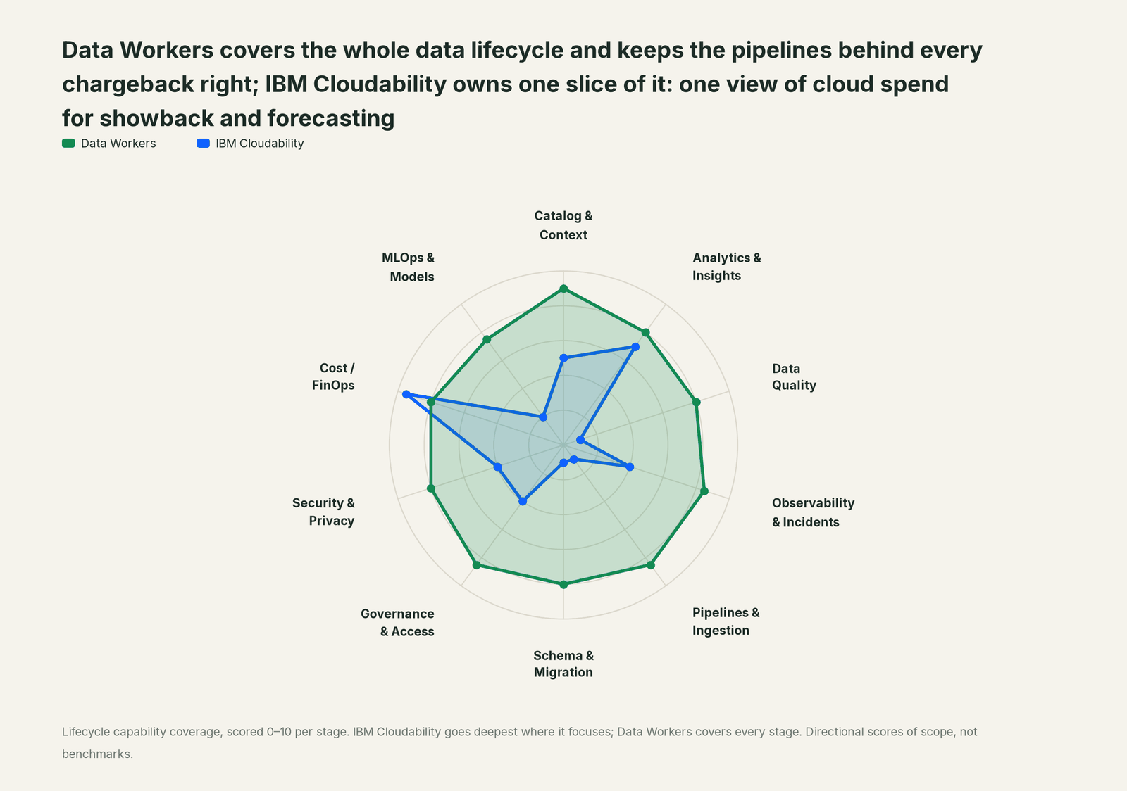 Spider chart of ten jobs a data team does: Data Workers covers the whole list, IBM Cloudability goes deep on its own area