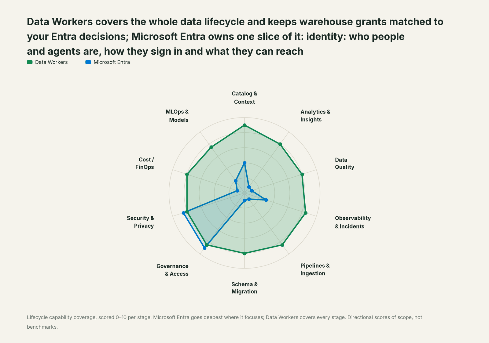 Spider chart of ten jobs a data team does: Data Workers covers the whole list, Microsoft Entra goes deep on its own area