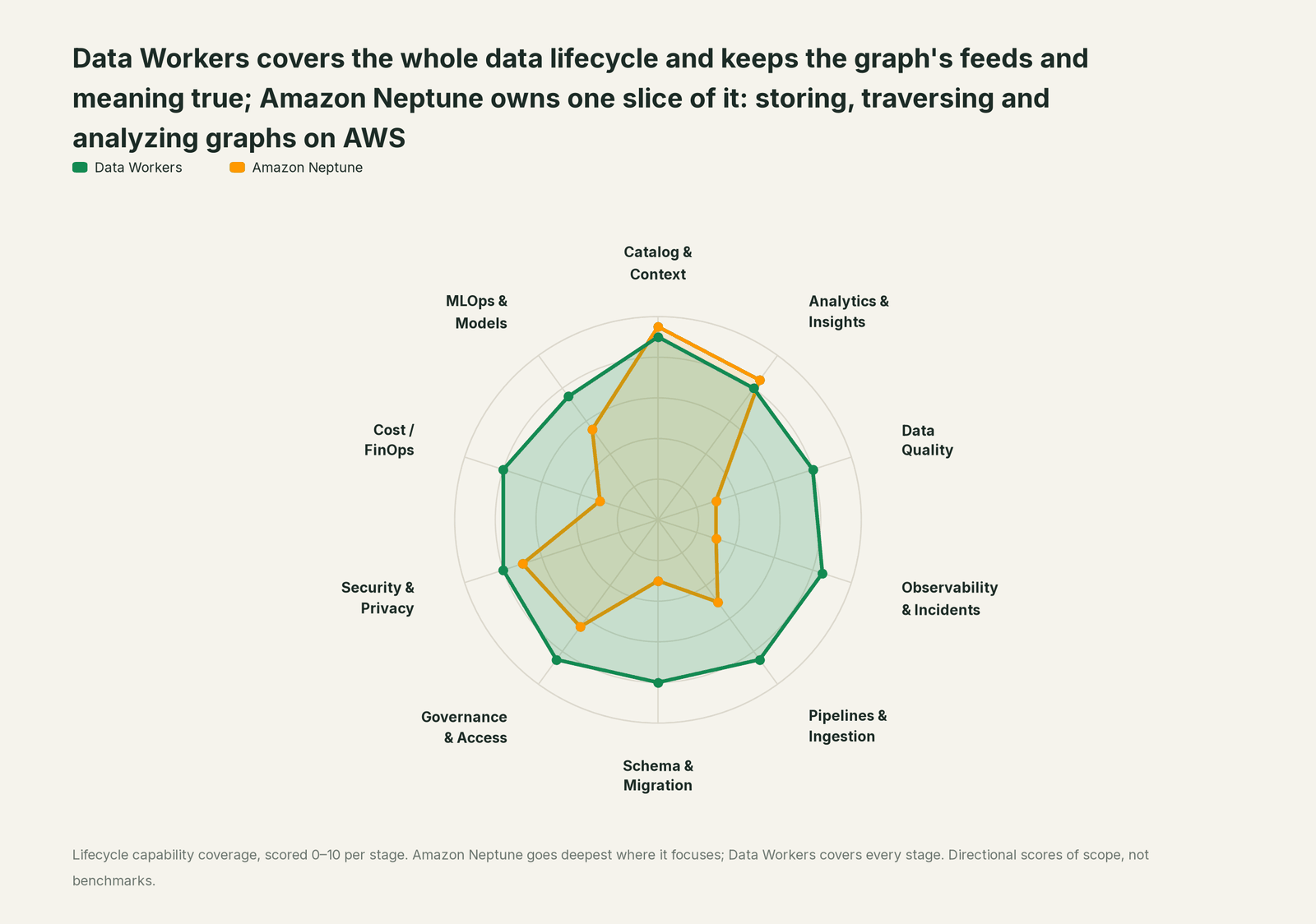 Spider chart of ten jobs a data team does: Data Workers covers the whole list, Amazon Neptune goes deep on its own area