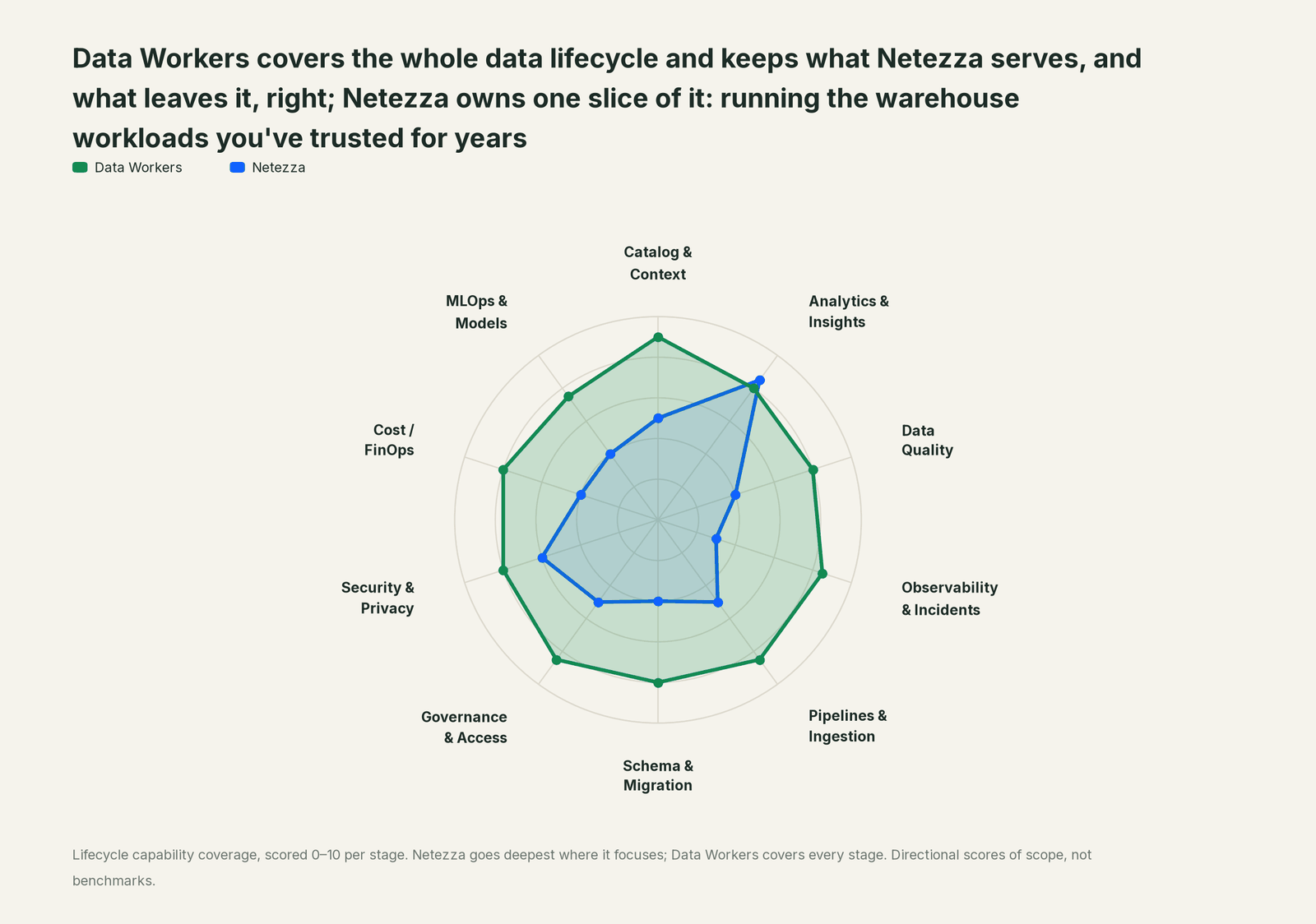Spider chart of ten jobs a data team does: Data Workers covers the whole list, Netezza goes deep on its own area