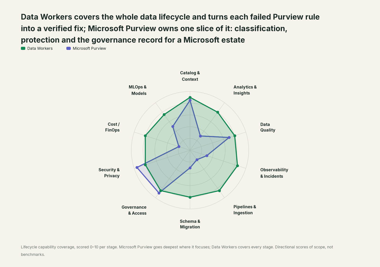 Spider chart of ten jobs a data team does: Data Workers covers the whole list, Microsoft Purview goes deep on its own area