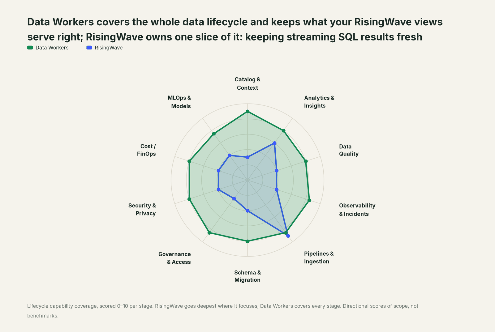 Spider chart of ten jobs a data team does: Data Workers covers the whole list, RisingWave goes deep on its own area
