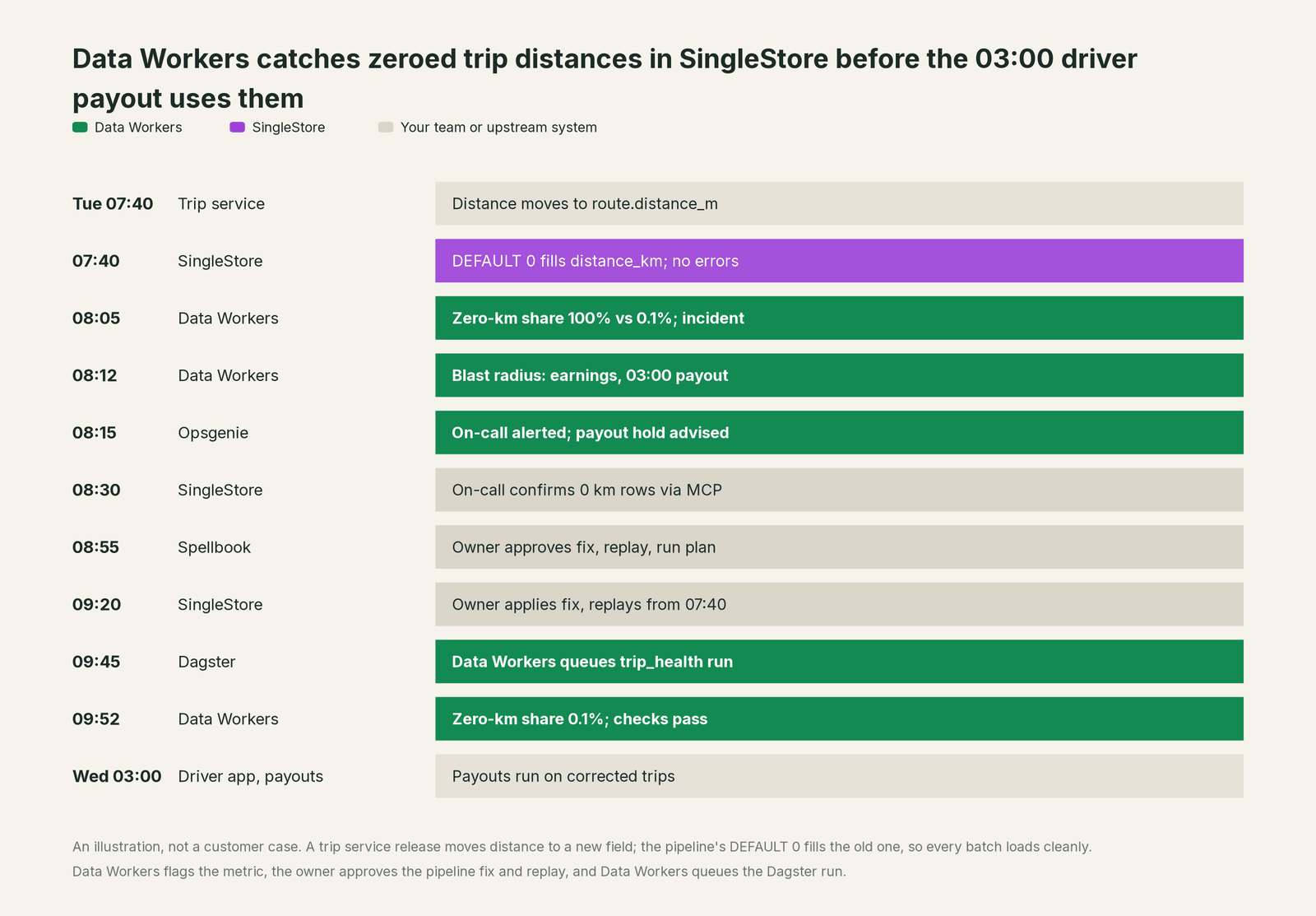 Incident timeline across the stack: what SingleStore, your team and Data Workers each do, step by step