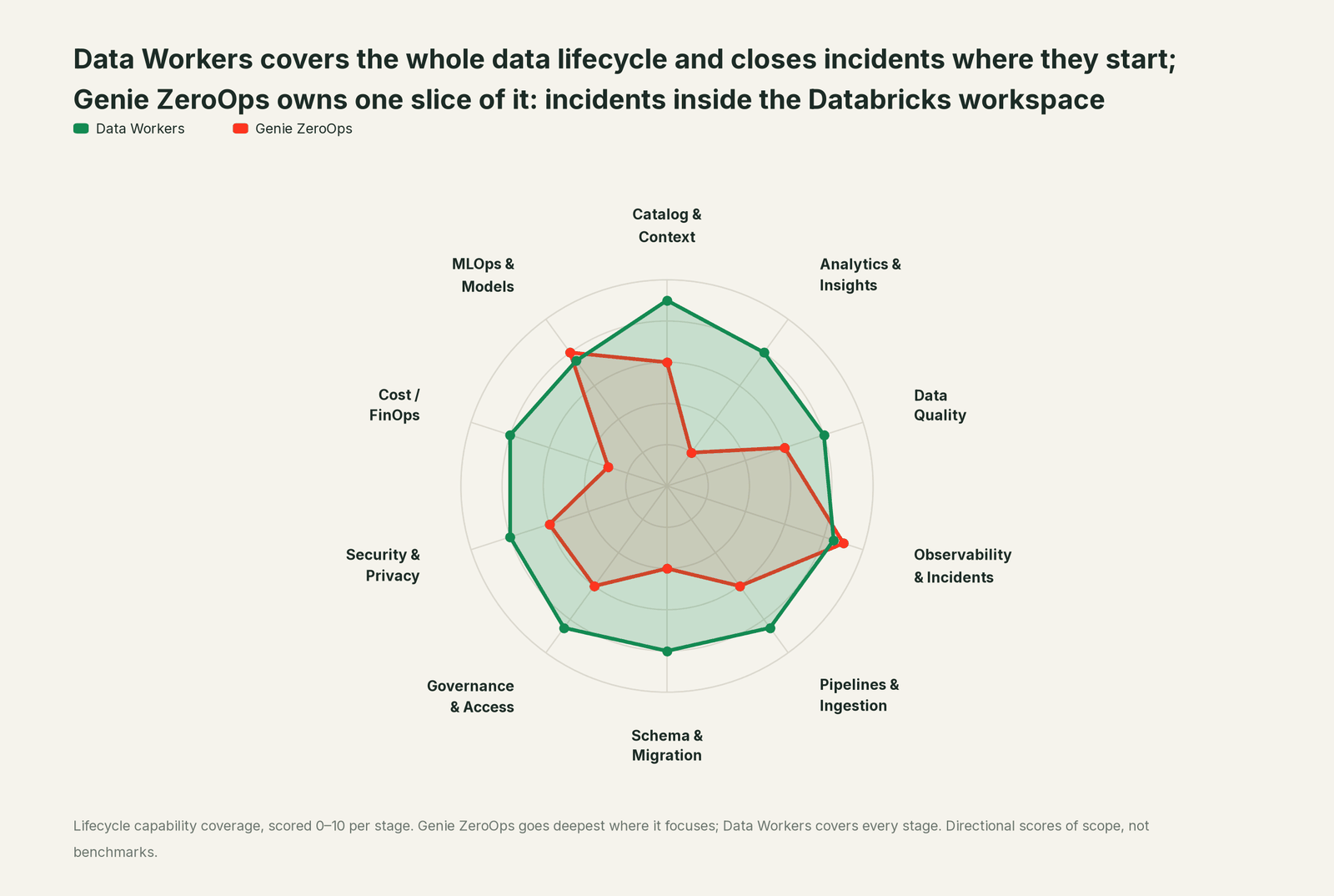 Spider chart of ten jobs a data team does: Data Workers covers the whole list, Databricks goes deep on its own area