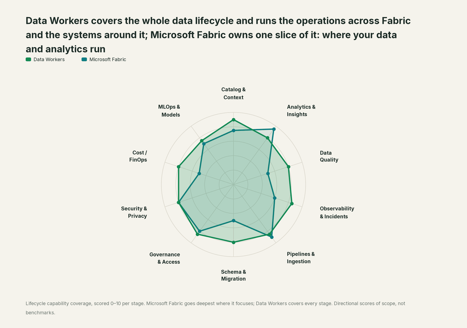 Spider chart of ten jobs a data team does: Data Workers covers the whole list, Microsoft Fabric goes deep on its own area