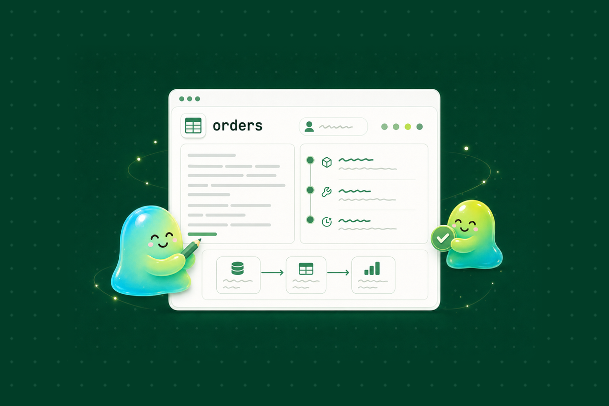 A deep-wiki asset page for the orders table: description, decision and fix timeline, lineage strip, agents keeping it current
